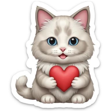 Full body ragdoll Cat holding a heart and mouth open, blush on cheeks sticker