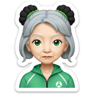 Cha In : a Asian old woman with black hair tie, Green player tracksuit sticker