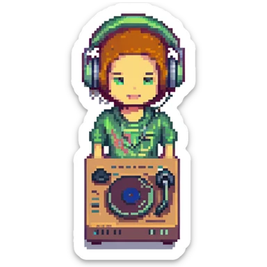pixel art deejay character with headphones and turntable sticker