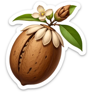 nutmeg pod with a small blossom sticker