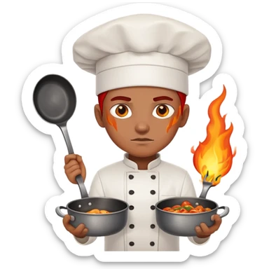 determined chef with fiery eyes, holding two crossed cooking pans defensively across chest sticker