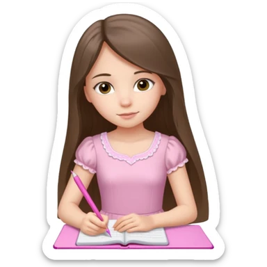 pretty white brunette teen long hair with hazel eyes in a light pink dress writing in a notebook with a pink pen sticker