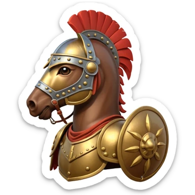 An emoji of a powerful Roman warhorse in full armor, with a feathered helmet. sticker