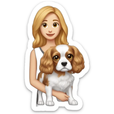 dark blonde girl with grey eyes and light skin holds two cavalier king charles spaniels blenheim and tricolor sticker