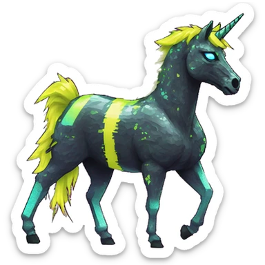 Pixel art of Zombie Vaporwave black holographic oilslick zombie unicorn yellow caution tape sticker