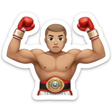 Boxing champion with arms raised in victory, wearing multiple championship belts around waist, determined expression, white hand wraps, muscular cartoon body sticker