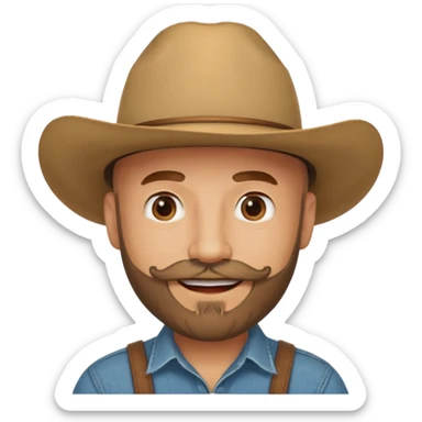 bald man with beard and mustache wearing tan cowboy hat sticker