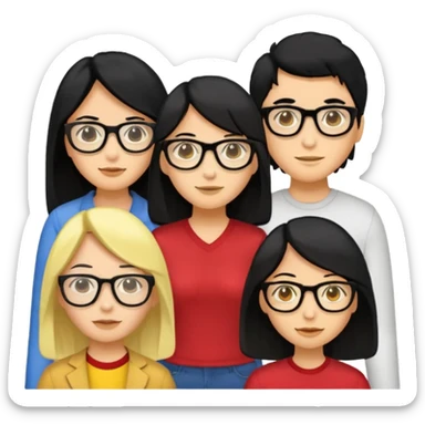 4 persons， 2 female， 2 male, 2male in the middle and 2 female in the side, one female wearing glasses and is black hair, yellow skin, both female are long hair sticker