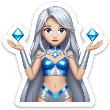 Athena from Lore Olympus with long silver hair, silver sequin outfit sticker