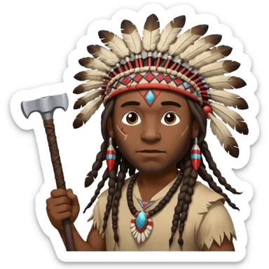 Black American man dark brown with dreads with a American Indian headdress throwing a axe sticker