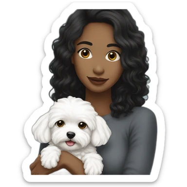 a long-blackish-haired woman hugging white maltipoo sticker