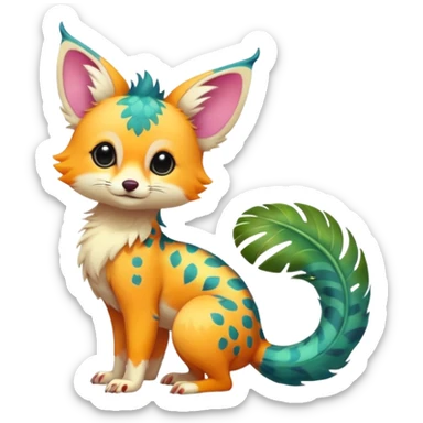 Feral Rare Fantasy vibrant colorful tropical cute, kawaii, cool, ed Vernid-Trico-species by LiLaiRa, random markings, tufted tail, tufted ears, full body, cheek markings sticker