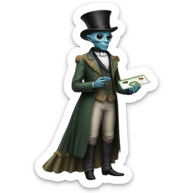 alien galora in Victorian dress elegant, full body, holding big credit card sticker