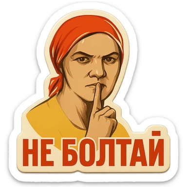 emoji of woman in 1940s Soviet attire, finger to lips shush gesture, 'не болтай' in classic propaganda poster font sticker