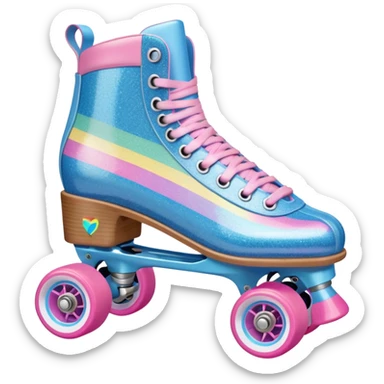 A vintage glitter roller skate with a white leather boot, rainbow stripes, and bright pink wheels. Add a pastel blue lace detail and a faint shadow for a classic 80s vibe.  ' sticker