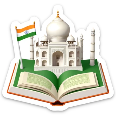 An icon featuring the Taj Mahal and the flag of India, symbolizing the Hindi language. The design includes an open book with hindi text, representing language learning and cultural richness. Transparent background highlights the heritage of India. sticker