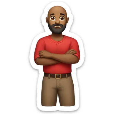 brown bald man with a busy beard in a Cross Hands Pose wearing a red shirt sticker