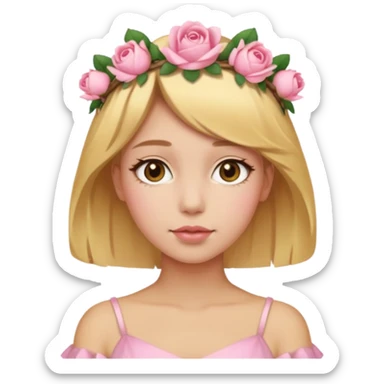 Light golden skin female, short honey-blonde hair, wearing a soft pink rose crown. sticker
