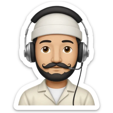 Half body man wearing white topi, lapray, black beard and moustache, headphones, eyes closed, realistic emoji style. sticker