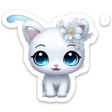 Edgy Cute Cool Kawaii gorgeous sparkly ethereal white fantasy animal with blue eyes sona with flowers and butterflies sticker