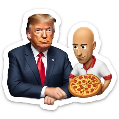 jeff bezos eating pizza in mcdonalds getting watched by donald trump sticker