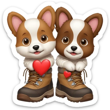 2 puppies hiking with hiking boots on all 4 paws and a heart  sticker