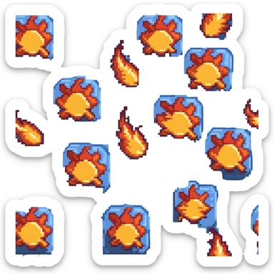 Bomberman horizontal explosion tile, flames extending left to right across full width, bright orange and yellow core with red edges, flames about 60% of tile height, centered vertically, flame wisps details sticker