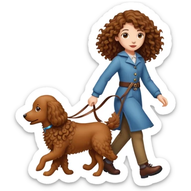 A long-haired girl walking a brown curly dog sticker