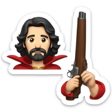 dark-haired bearded man drunk with a big shotgun a cigar and a red cape sticker