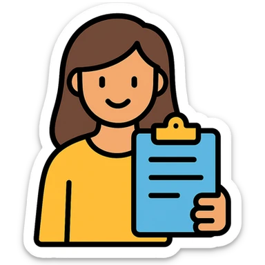 female character holding a clipboard, smiling, color outline icon style sticker