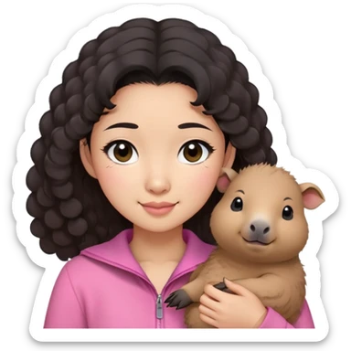 Perempuan muda asia berambut hitam medium dan agak curly,mata berwarna hitam, pakai baju warna pink dan menggendong capybara kecil sambil mengedipkan mata sticker