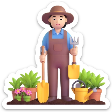 Asian gardener named Yong with gardening tools sticker