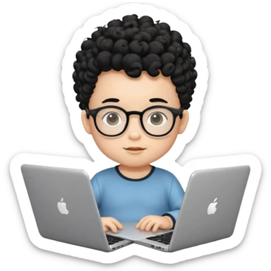 A baby boy DEVELOPER WITH A laptop, black curly hair and topknot, wearing glasses sticker