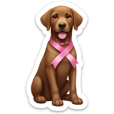brown labrador sitting with a pink ribbon around its neck sticker