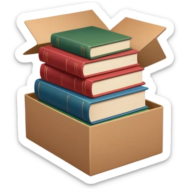 
An open brown cardboard box with softly rounded edges, filled with a small stack of colorful hardcover books (muted red, blue, and green). sticker