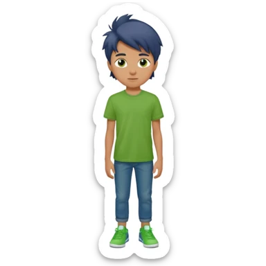 A 14 yerar old teenage boy, slightly tanned, wearing a green tshirt, blue jeans and green sneakers with brown tousled hair sticker