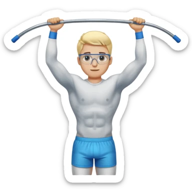 Generate an emoji-style illustration of a muscular blonde young man with blue eyes and transparent glasses, hanging from a pull-up bar. Show his full body from head to toe. Clean, modern emoji design with vibrant colors and simple background. sticker