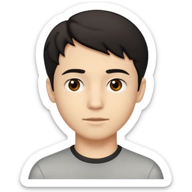 A young man with light skin tone, short wavy black hair parted to the side, large brown eyes, and a neutral expression with a small closed-mouth smile. sticker
