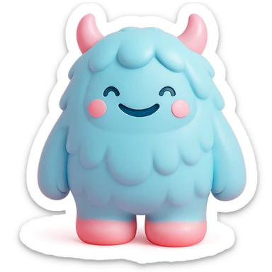 fluffy monster with long fur, tiny horns, cheerful expression, light blue and pink colors sticker