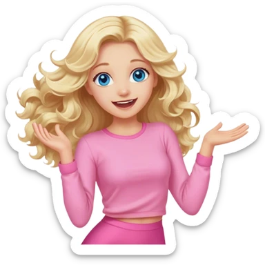 Pretty Blonde with long hair model, blue eyes In pink clothes soft wavy hair, super excited and happy dance sticker