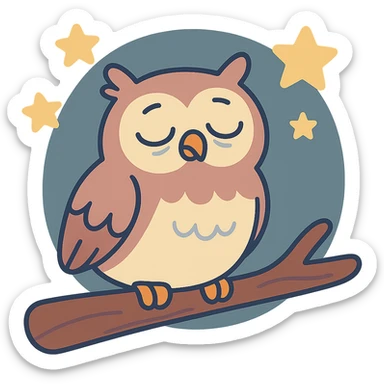 sleepy owl on a tree branch with stars, muted night palette, soft pastel colors, transparent background, pastel toon style sticker
