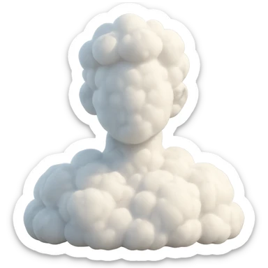 front view contour of a person from shoulders up, fully composed inside of 3D beautiful clouds, clouds are voluminous, white, soft, fluffy, realistic lighting and shadows, 3D emoji style sticker