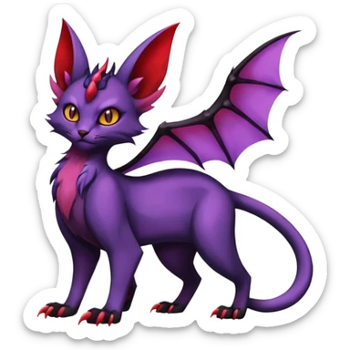 Black vampiric edgy demon-Noivern-Noibat-Purloin-Torracat-Lykoi-Caracal-cat-Fakemon-fusion-hybrid-creature with violet and red scale markings with 2 horns sticker