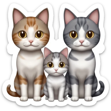 3 different coloured short haired cats including; a dark brown tabby and white cat, and a dark grey and white  sticker