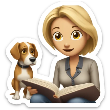 Dog reading a book but woman blocking the words sticker