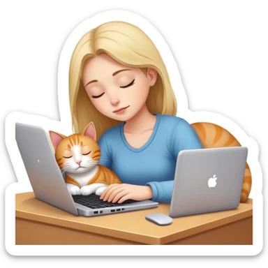 A girl works on a laptop with a cat sleeping next to it sticker