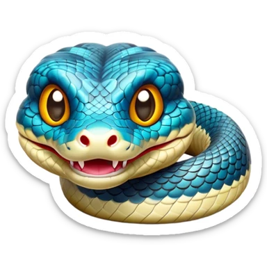 Cinematic Comical Chinese Water Snake Portrait Emoji, Head tilted dramatically with an exaggeratedly amused expression, featuring a striking, glossy scaled body with bold patterns and wide, expressive eyes filled with playful disbelief, Simplified yet hilariously expressive features, highly detailed, glowing with a slightly sassy aquatic glow, high shine, dramatic yet playful, stylized with an air of cheeky water mischief, soft glowing outline, capturing the essence of a spirited and over-the-top water snake that feels like it could slither its way into internet fame instantly! sticker