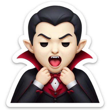 Cinematic Cute Yawning Vampire Portrait Emoji, with a small, rounded, charming pale face accented with tiny playful fangs and droopy, half-closed eyes, head tilted in an adorable wide yawn, dressed in miniature elegant dark attire with a hint of crimson, simplified yet irresistibly endearing, highly detailed with a soft, mysterious glow and gentle outline that captures the cute, drowsy side of an immortal! sticker