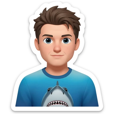 a handsome man hair wearing a t-shirt with a shark image on it. sticker