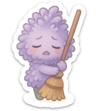 chibi fluffy style soft lavender flower, hugging a broom, exhausted expression, gentle purple, full-body sticker
